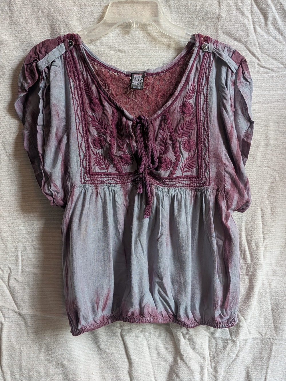 Vintage Free People Purple and Lavender🪻 Embroidered Tie-Front Blouse
